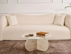 Tavolino da Salotto Bianco Marmo Forma Rotondo Materiale Piano in Vetro 75x75x40h cm, Colore Ripiano Trasparente - Canevino
