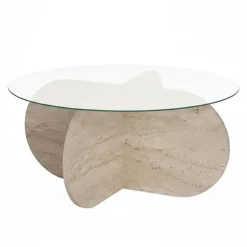 Tavolino da Salotto Bianco Marmo Forma Rotondo Materiale Piano in Vetro 75x75x40h cm, Colore Ripiano Trasparente - Canevino