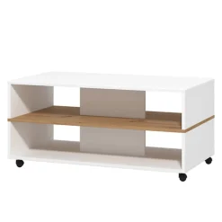 Tavolino da Salotto Bianco Marrone Rovere Nodi con Ruote 2 Vani 101x54.5x47.5h cm, Forma Rettangolare - Erice