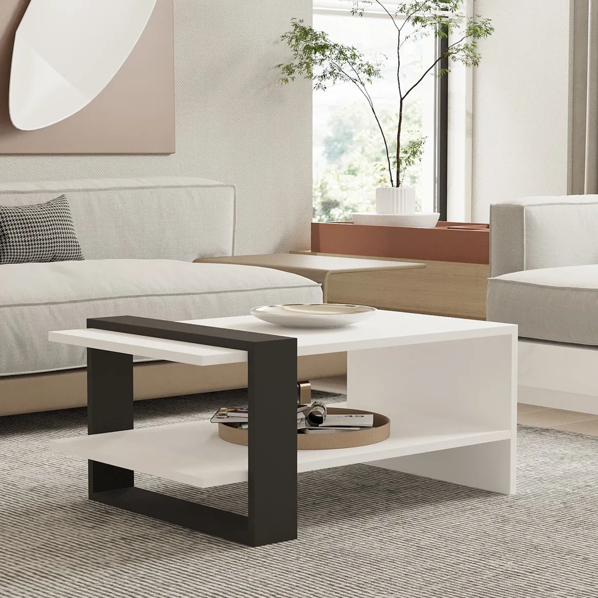 Tavolino da Salotto Bianco Nero Antracite un Vano Forma Rettangolare 80x55x35h cm, Colore Struttura Nero - Cigliano