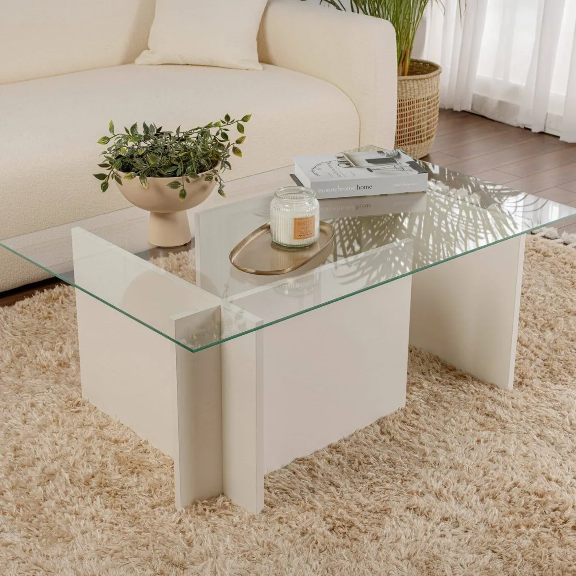 Tavolino da Salotto Bianco Portariviste Forma Rettangolare 105x65x40h cm, Materiale Piano in Vetro - Teti