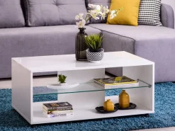 Tavolino da Salotto Bianco 3 Vani Forma Rettangolare 101x58x53.5h cm, Materiale Piano in Legno Nobilitato - Vervio