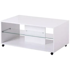 Tavolino da Salotto Bianco 3 Vani Forma Rettangolare 101x58x53.5h cm, Materiale Piano in Legno Nobilitato - Vervio