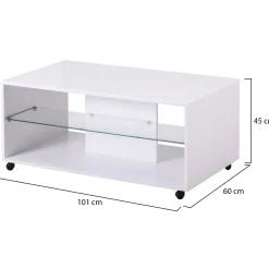 Tavolino da Salotto Bianco 2 Vani con Ruote 101x60x45h cm, Forma Rettangolare - Giussano