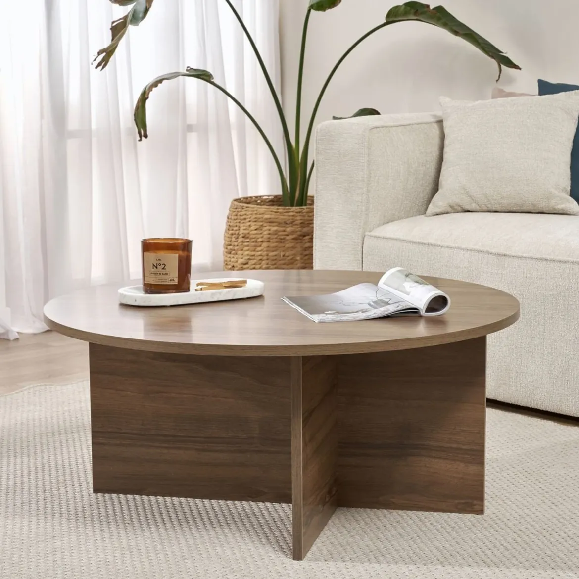 Tavolino da Salotto Marrone Noce Forma Rotondo Materiale Piano in Vetro 75x75x35h cm, Colore Ripiano Trasparente - Cugnoli