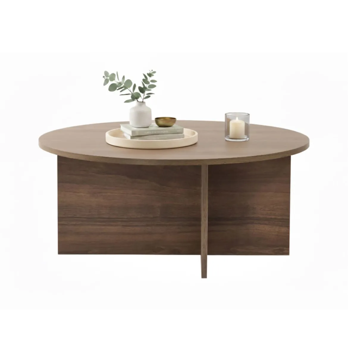 Tavolino da Salotto Marrone Noce Forma Rotondo Materiale Piano in Vetro 75x75x35h cm, Colore Ripiano Trasparente - Cugnoli