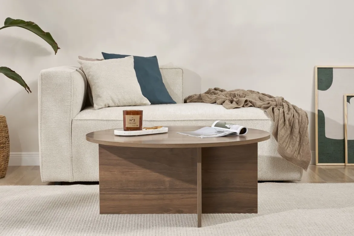 Tavolino da Salotto Marrone Noce Forma Rotondo Materiale Piano in Vetro 75x75x35h cm, Colore Ripiano Trasparente - Cugnoli