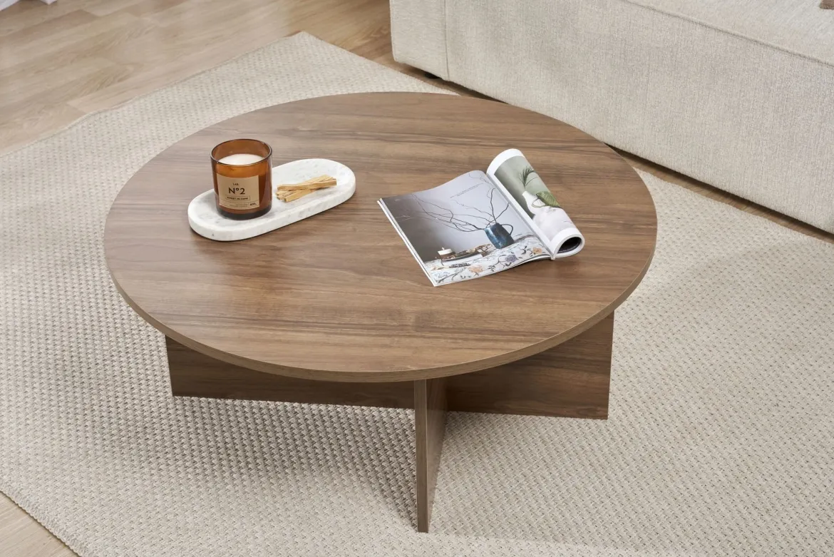 Tavolino da Salotto Marrone Noce Forma Rotondo Materiale Piano in Vetro 75x75x35h cm, Colore Ripiano Trasparente - Cugnoli