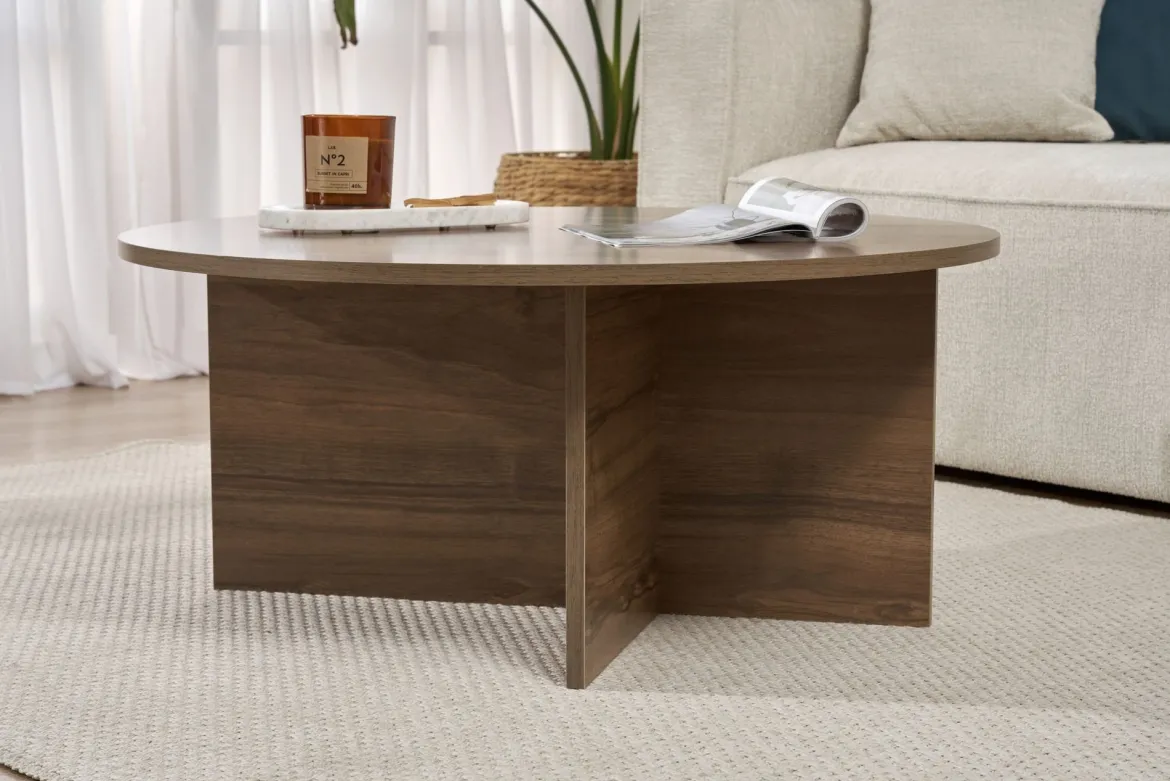 Tavolino da Salotto Marrone Noce Forma Rotondo Materiale Piano in Vetro 75x75x35h cm, Colore Ripiano Trasparente - Cugnoli