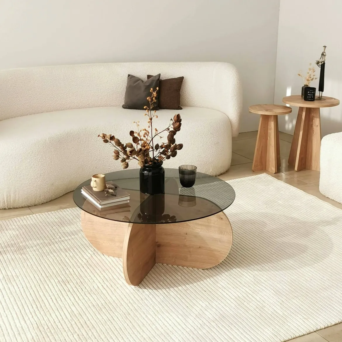 Tavolino da Salotto Marrone Rovere Effetto Fume Forma Rotonda 75x75x35h cm, Materiale Struttura in Vetro - Nila