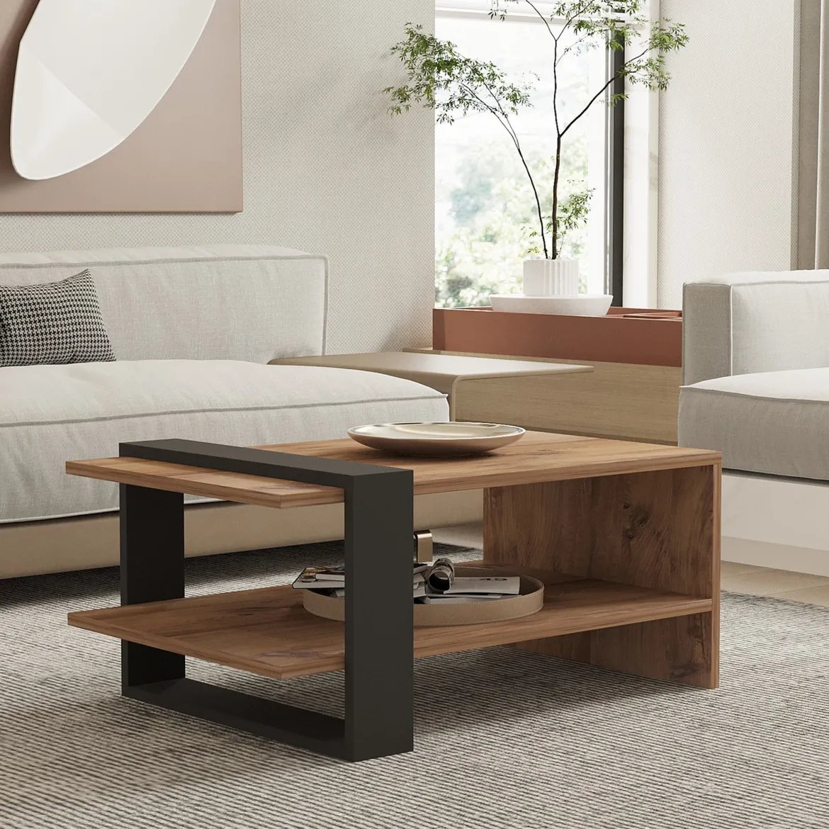 Tavolino da Salotto Marrone Rovere Nero Antracite un Vano Forma Rettangolare 80x55x35h cm, Colore Ripiano Marrone - Cigliano