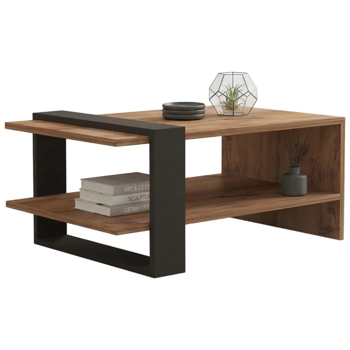 Tavolino da Salotto Marrone Rovere Nero Antracite un Vano Forma Rettangolare 80x55x35h cm, Colore Ripiano Marrone - Cigliano