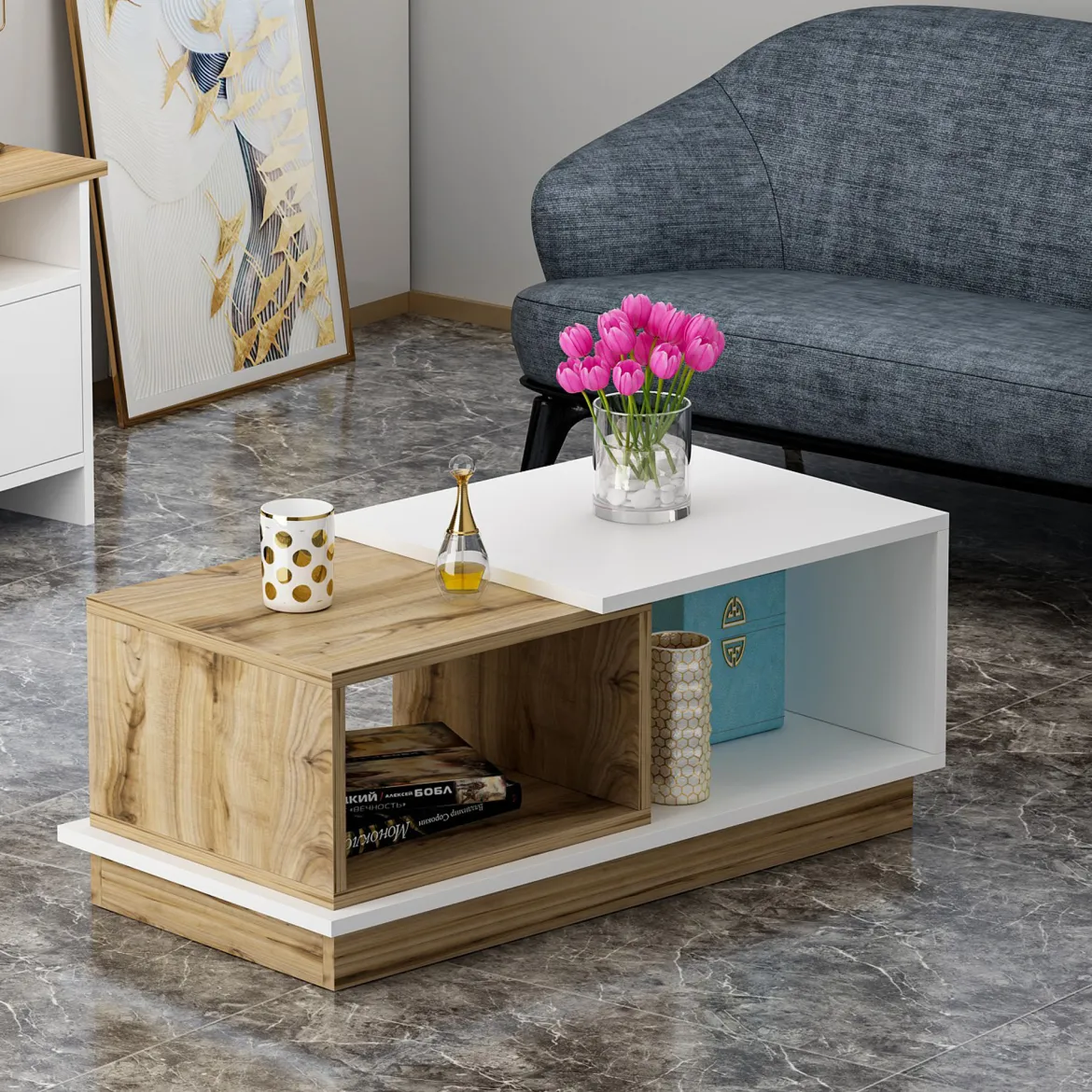 Tavolino da Salotto Marrone Rovere Nodi Bianco 2 Vani Forma Rettangolare 90x45x36h cm, Colore Ripiano Marrone - Ruino