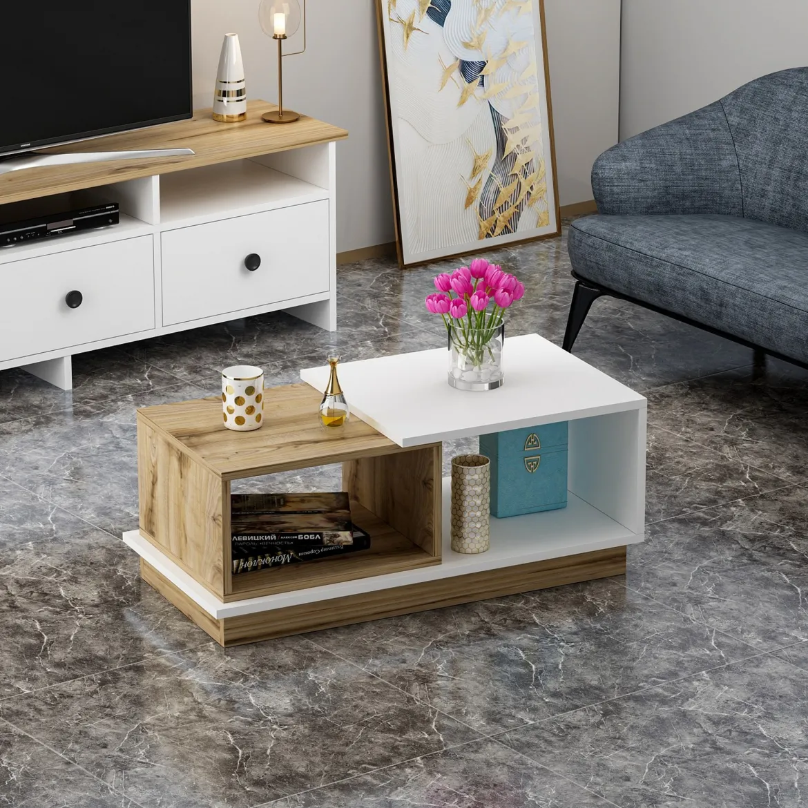 Tavolino da Salotto Marrone Rovere Nodi Bianco 2 Vani Forma Rettangolare 90x45x36h cm, Colore Ripiano Marrone - Ruino