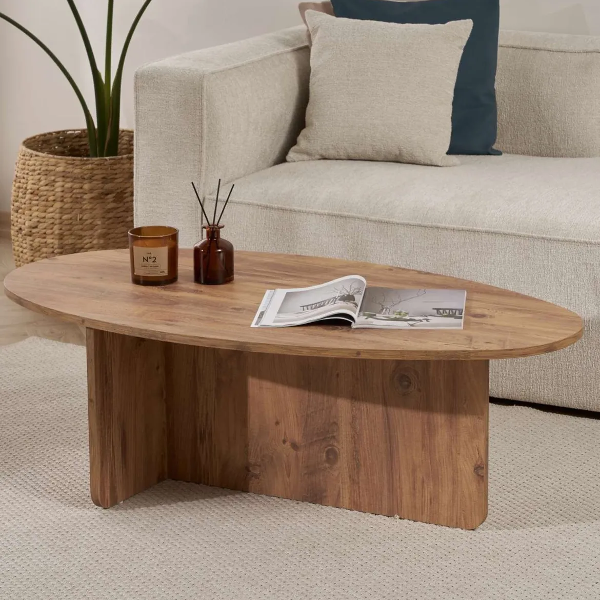 Tavolino da Salotto Marrone Rovere Nodi Forma Ovale Materiale Piano in Legno Nobilitato 130x65x40h cm, Colore Ripiano Marrone - Dozza