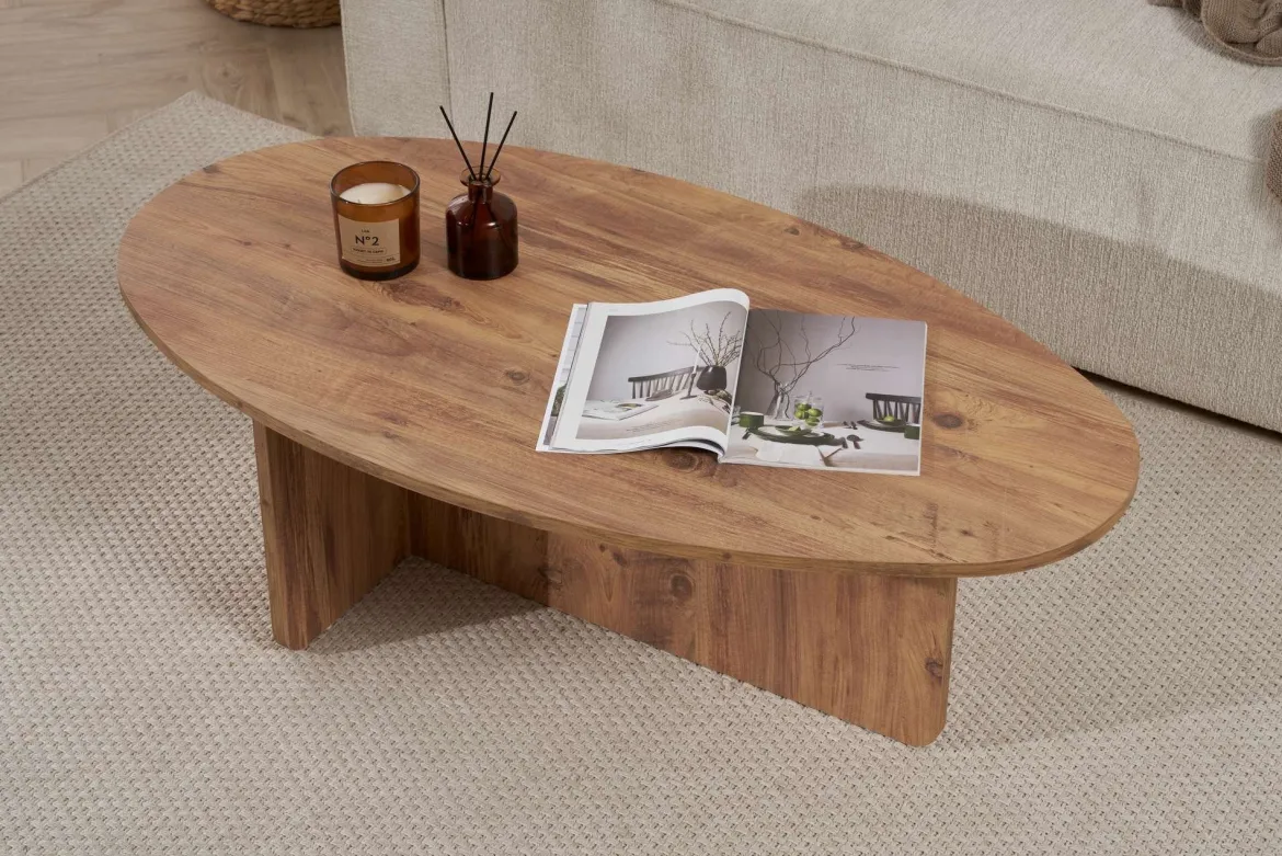 Tavolino da Salotto Marrone Rovere Nodi Forma Ovale Materiale Piano in Legno Nobilitato 130x65x40h cm, Colore Ripiano Marrone - Dozza