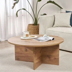 Tavolino da Salotto Marrone Rovere Nodi Forma Rotondo Materiale Piano in Legno Nobilitato 90x90x40h cm, Colore Ripiano Marrone - Simbario