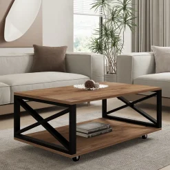 Tavolino da Salotto Marrone Rovere Scuro Nero con Ruote un Vano 98x60x34h cm, Forma Rettangolare - Lesegno