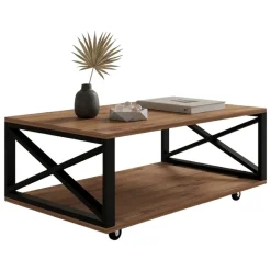 Tavolino da Salotto Marrone Rovere Scuro Nero con Ruote un Vano 98x60x34h cm, Forma Rettangolare - Lesegno