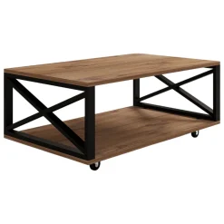 Tavolino da Salotto Marrone Rovere Scuro Nero con Ruote un Vano 98x60x34h cm, Forma Rettangolare - Lesegno