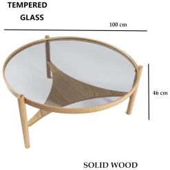 Tavolino da Salotto Marrone Rovere un Vano Piano in Vetro Temperato 100x100x48h cm, Forma Rotondo - Olzai