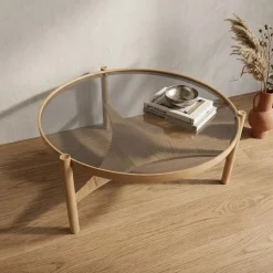 Tavolino da Salotto Marrone Rovere un Vano Piano in Vetro Temperato 100x100x48h cm, Forma Rotondo - Olzai