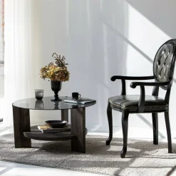 Tavolino da Salotto Nero Antracite Portariviste Forma Rotonda 75x75x40h cm, Materiale Struttura in Vetro - Felino