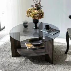 Tavolino da Salotto Nero Antracite Portariviste Forma Rotonda 75x75x40h cm, Materiale Struttura in Vetro - Felino