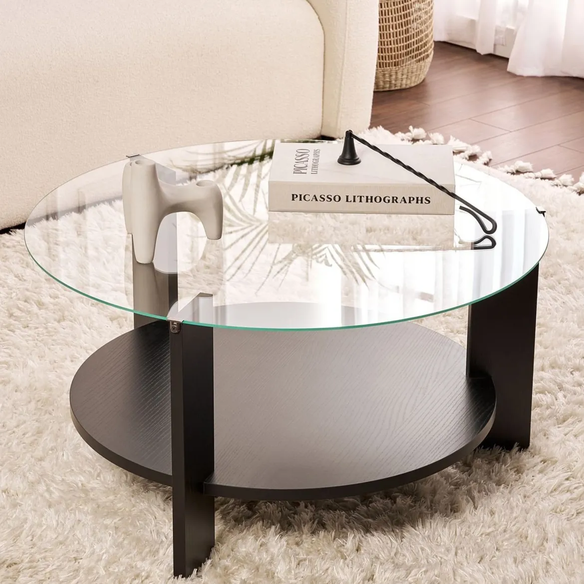 Tavolino da Salotto Nero Forma Rotondo Materiale Piano in Vetro 80x80x43h cm, Colore Ripiano Trasparente - Moena