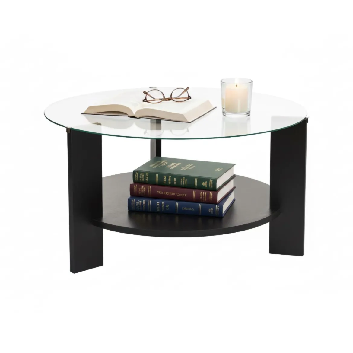 Tavolino da Salotto Nero Forma Rotondo Materiale Piano in Vetro 80x80x43h cm, Colore Ripiano Trasparente - Moena