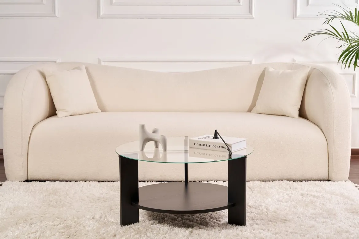 Tavolino da Salotto Nero Forma Rotondo Materiale Piano in Vetro 80x80x43h cm, Colore Ripiano Trasparente - Moena