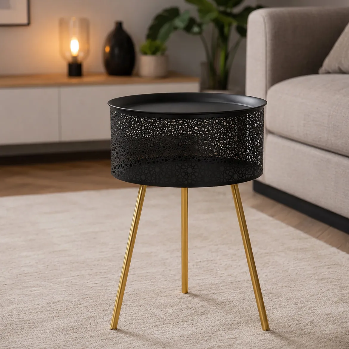 Tavolino da Salotto Nero oro Contenitore un Vano 40x40x50h cm, Forma Rotondo - Swakom