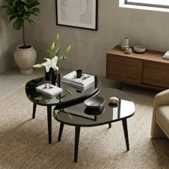 Tavolino da Salotto Nero Piano in Vetro Temperato Forma Ovale 75x55x38h cm, Sfumatura Colore Ripiano Fume - Frontone