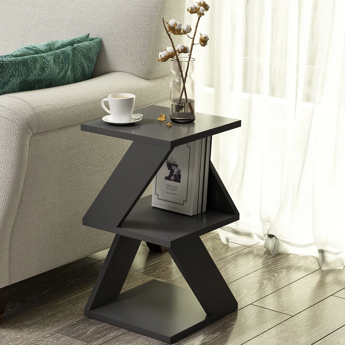 Tavolino da Salotto Nero 2 Vani Forma Quadrato 30x30x50h cm, Materiale Piano in Legno Nobilitato - Rubiana