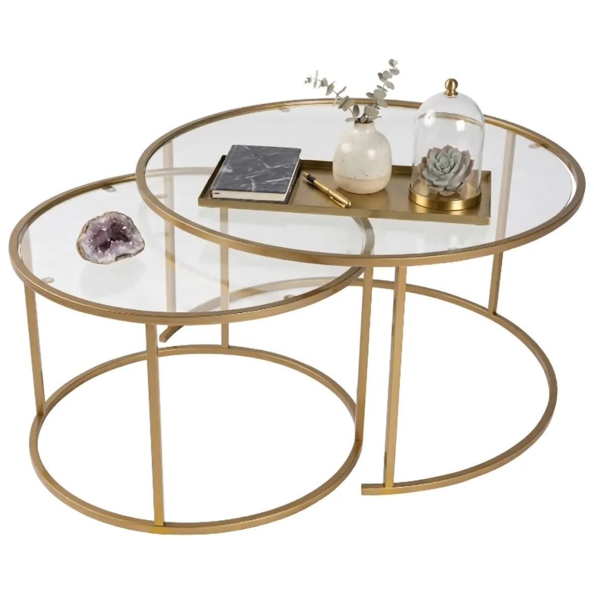 Tavolino da Salotto oro Piano in Vetro Temperato Forma Rotondo 80x80x43h cm, Materiale Piano in Vetro - Telti