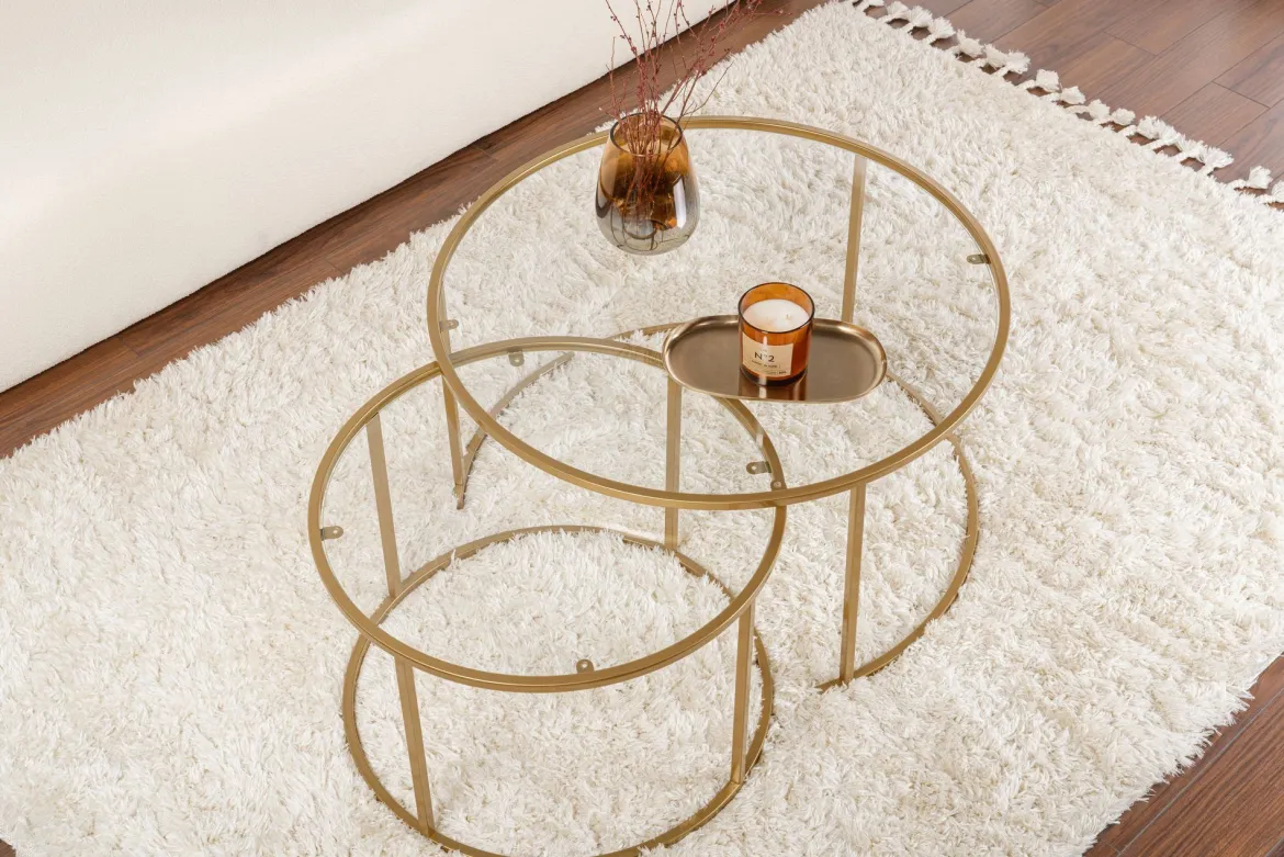 Tavolino da Salotto oro Piano in Vetro Temperato Forma Rotondo 80x80x43h cm, Materiale Piano in Vetro - Telti