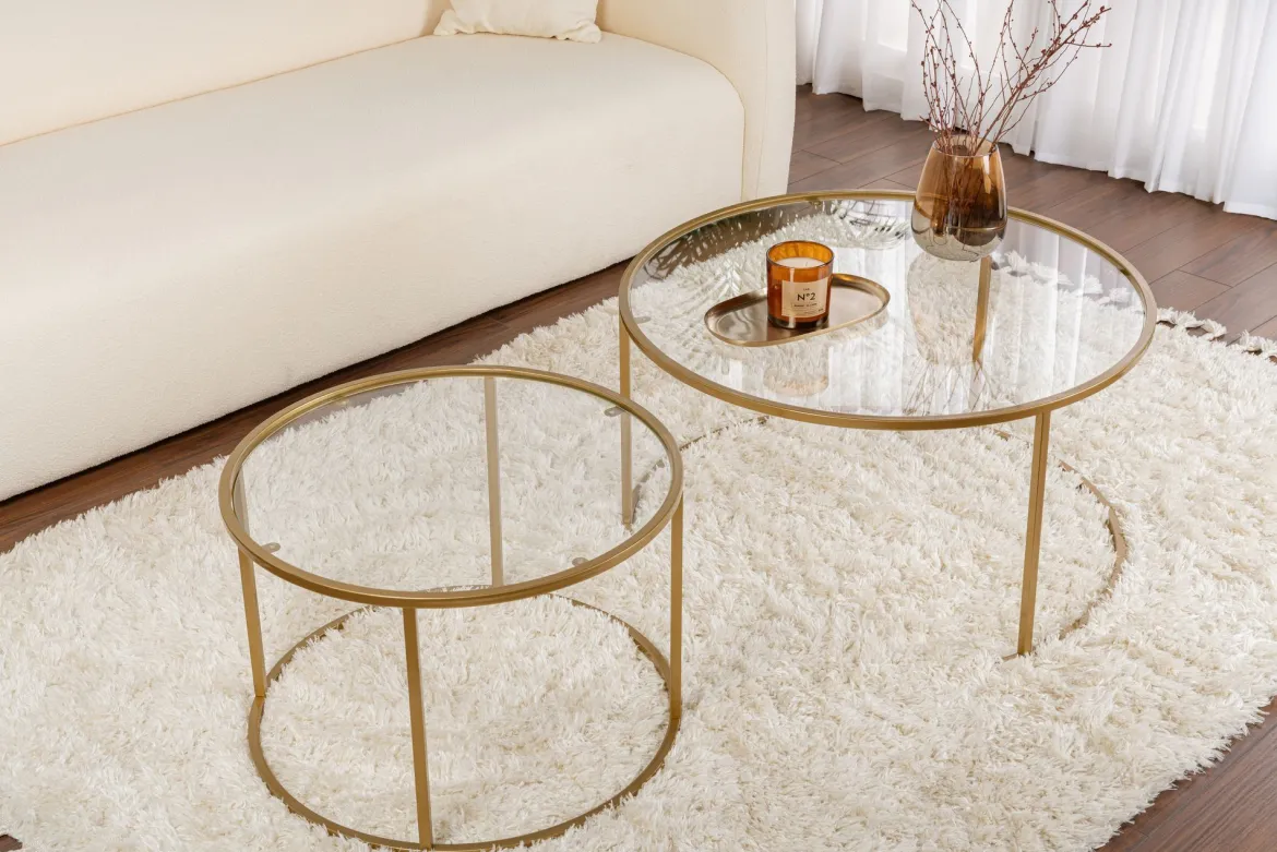 Tavolino da Salotto oro Piano in Vetro Temperato Forma Rotondo 80x80x43h cm, Materiale Piano in Vetro - Telti
