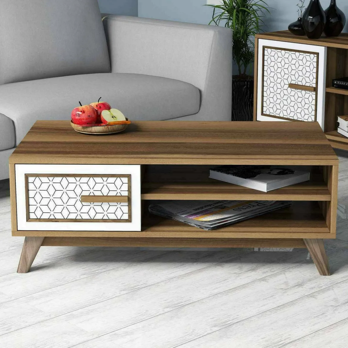 Tavolino da salotto rettangolare noce e bianco 105x60x38h cm - Thimphu
