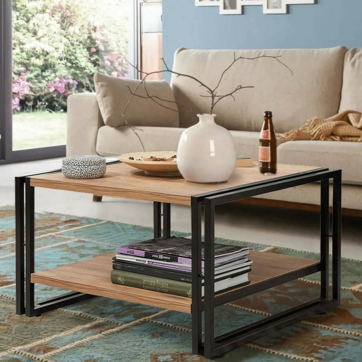 Tavolino salotto quadrato quercia e nero 70x70x40h cm con ante reversibili - Gioacchina