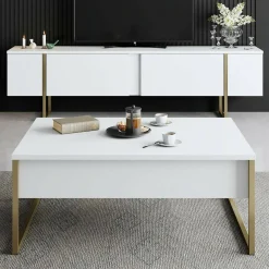 Tavolino salotto rettangolare bianco e oro 90x60x40h cm - Lavinia