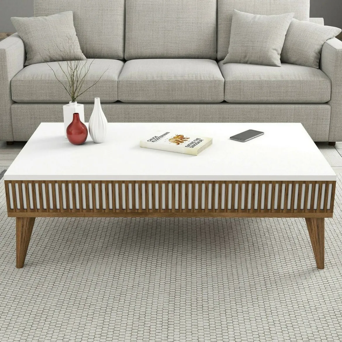 Tavolino salotto rettangolare noce e bianco 105x60x34h cm - Atrani