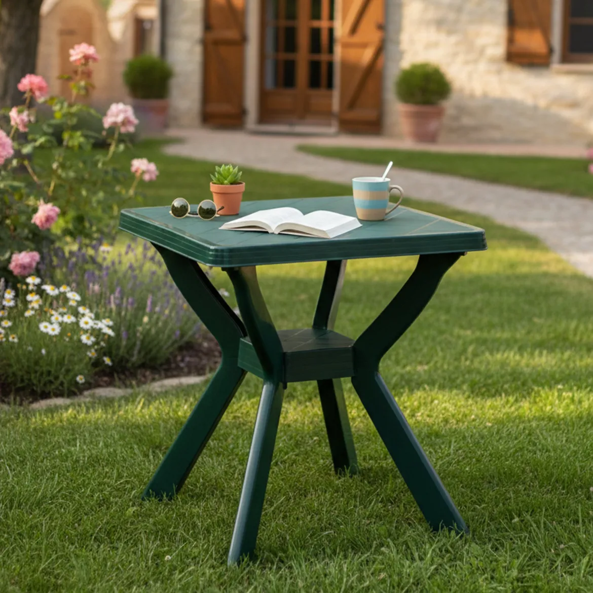 Tavolo da Esterno Verde 4 Posti Tavolo Tavolo Fisso Quadrato 75x75x72h cm, Lunghezza Massima 75 cm Made in Italy - Brownstown