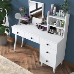 Toeletta Bianco Nero Specchio Incluso un Cassetto 74x38x108h cm, 2 Ante - Lequile