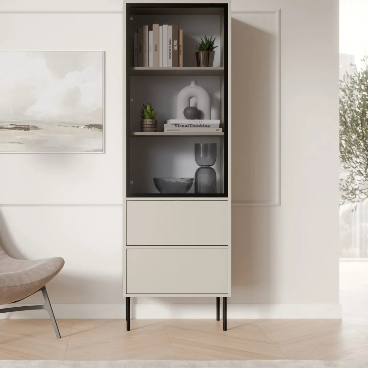 Vetrina Beige Nero 2 Ripiani 2 Cassetti 60x40x185h cm, Un'anta - Zanica