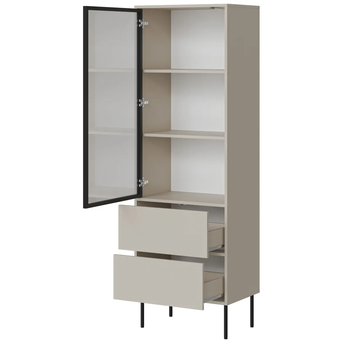 Vetrina Beige Nero 2 Ripiani 2 Cassetti 60x40x185h cm, Un'anta - Zanica