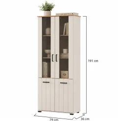Vetrina Bianco Crema Marrone Rovere Nodi 4 Ripiani Un'anta 50x36x191h cm, con Piedini, Anta Dettaglio Vetro - Entrac