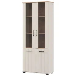 Vetrina Bianco Crema Marrone Rovere Nodi 4 Ripiani Un'anta 50x36x191h cm, con Piedini, Anta Dettaglio Vetro - Entrac