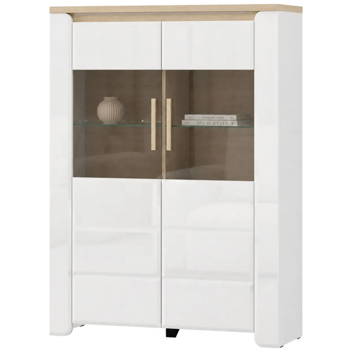Vetrina Bianco Opaco Marrone Rovere Nodi 4 Ripiani 2 Ante 60x34x191h cm, con Piedini - Doreno