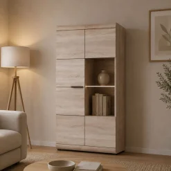 Vetrina Marrone Rovere Nero 6 Ripiani 2 Ante 80x37x158h cm, con led Angoli Arrotondati - Ladavapa
