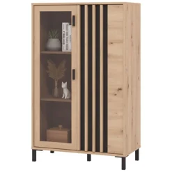 Vetrina Marrone Rovere Nodi Nero 2 Ripiani Apertura Battente 80x40x128.5h cm, 2 Ante - Grimani